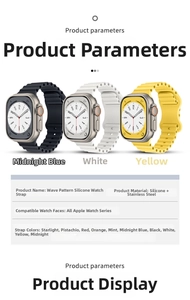 Detail view of silicone ocean watch bands in midnight, white, and yellow for Apple Watch