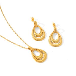 Polished 18k gold plated stainless steel double teardrop pendant necklace and earring set