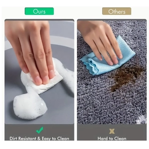 Comparison showing easy-clean smooth surface versus traditional stained fiber rug