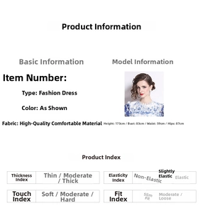 Detailed size chart and fabric parameters for floral lace dress with model information