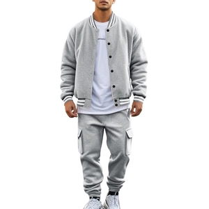 Men's grey fleece baseball jacket and jogger pants tracksuit in a minimalist sporty style