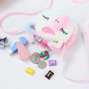 Süße runde Plüsch-Einhorntasche für Mädchen mit buntem Fell und rosa Schultergurt