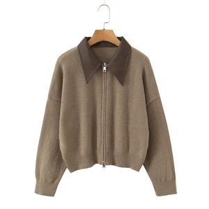 Brown knitted cardigan with dark coffee leather collar and full zip front closure