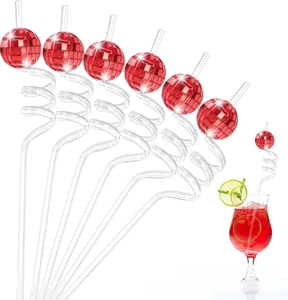 Detail of red disco ball ornaments on spiral PETG straws for party drinks and decor