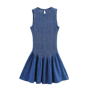 Women Sleeveless Smocked Mini Dress Denim Effect A-Line Crew Neck Back Keyhole Chic Casual Summer Sundress Blue