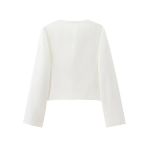 Back view of a white long-sleeve jacket with premium textured fabric and clean minimalist cut