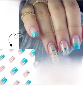French style blue-green gradient press-on nails with glitter, blue flowers and gold foil