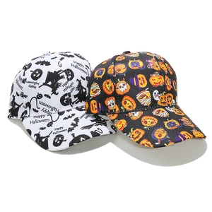 Retro Halloween baseball caps with ghost and pumpkin prints in black and white colors