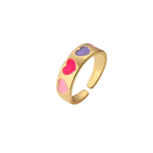 Minimalist gold open ring featuring pink and purple enamel hearts on a white background