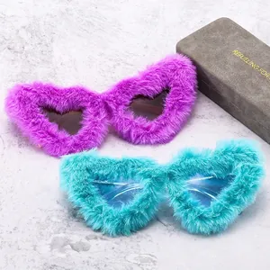 Heart Shaped Plush Furry Sunglasses PC Frame AC Lens UV400 Novelty Party Eyewear For Men And Women