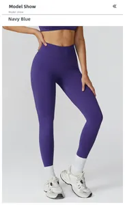 Close-up of high-waist seamless yoga pants in navy blue with ruched butt lifting detail