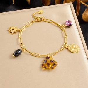 Vintage Stainless Steel Bracelet With Life Tree Sun And Leopard Print Resin Charms Gold Plated Bohemian Jewelry For Women