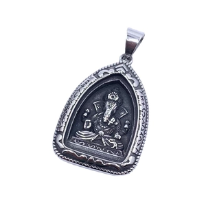Vintage titanium steel Ganesh elephant pendant with detailed silver relief and shield shape