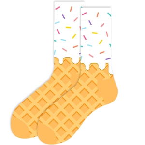 Detail shot of novelty socks featuring ice cream cone pattern and colorful sprinkles