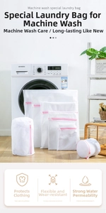 Detailed set of white mesh laundry bags with pink zippers for machine washing care