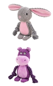Detail of plush pet toys with corn fleece texture and durable cotton rope limbs