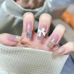 Long Coffin Press On Nails Gradient Pink Silver Glitter With 3D Bow Rhinestone French Style Artificial Fake Nails For Women