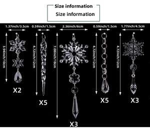 Size chart showing dimensions of acrylic snowflake and icicle Christmas ornaments