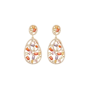 Elegant gold-tone oval drop earrings with vibrant multi-color zircon gemstones on white background
