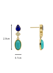 Detail showing dimensions of triple stone earrings with blue and turquoise gems