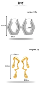 Detailed dimensions and weight of silver hexagonal hoop and gold liquid metal earrings