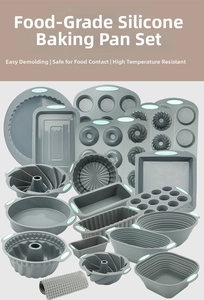 Macro detail of heat-resistant silicone baking set with non-stick pans and blue handles