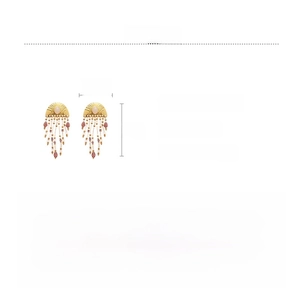 Detailed view of pink beaded fringe earrings with dimensions and material specs