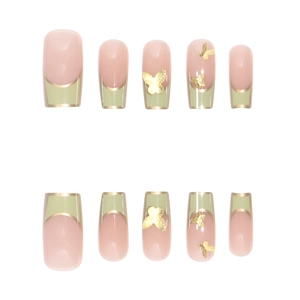 French sage green press-on nails with gold butterfly charms and square tip shape