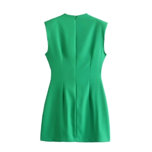 Robe Mini Sans Manches Col Rond Femme Élégante Vert Coupe Ajustée Fermeture Éclair Polyester Mode