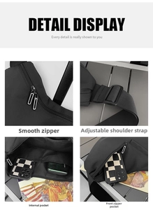 Detail of crossbody bag showing smooth zippers, adjustable strap, and inner storage pockets