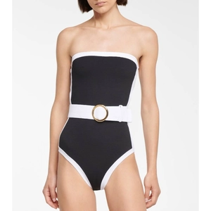 Elegant black and white strapless one-piece swimsuit with white belt and gold buckle
