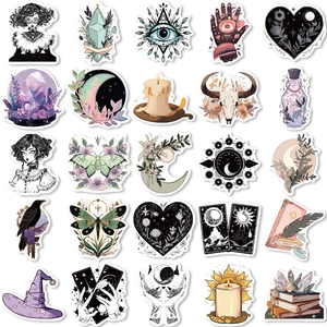Flat lay of 25 bohemian wizard stickers featuring moon phases and mystical tarot cards