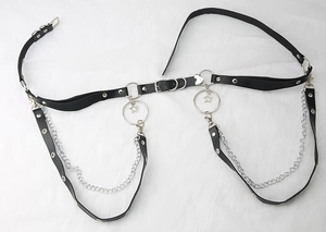 Detail of Harajuku punk waist chain with silver stars, heart buckle and metal eyelets