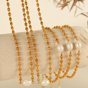 Freshwater Pearl Pendant Jewelry Stainless Steel Gold Plated Olive Bead Chain Necklace And Bracelet Elegant For Women