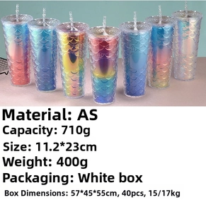 Detailed specs of 710ml mermaid scale tumbler with AS plastic material and size dimensions