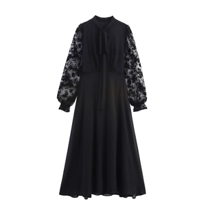 Abito Maxi In Poliestere Patchwork Di Pizzo Manica Lunga Colletto Con Fiocco Elegante Stile Francese Vita Alta Per Donna