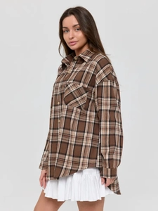 Brown plaid long sleeve button-down shirt with a relaxed fit and chest pocket