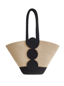 Minimalist beige woven cotton rope tote bag with black contrast handles and decorative circles