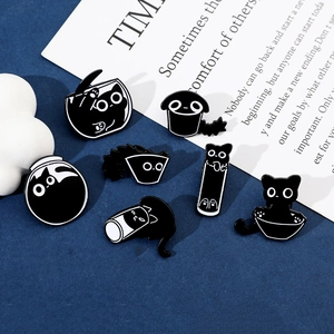 Detailed set of 7 cartoon black cat enamel pins showing various poses and shapes