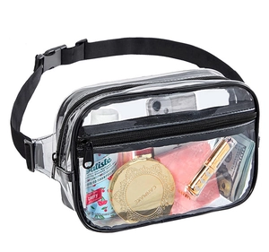 Clear PVC waist bag detailing storage capacity for cosmetics, phone, and money