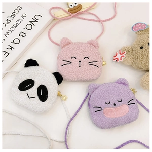 Close-up of cute plush panda and cat crossbody bags with soft texture and floral zippers