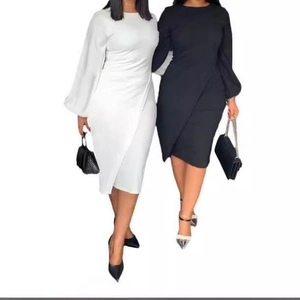 Women's chic lantern sleeve slim fit dress with waist pleats in black and white colors