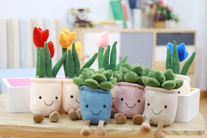 Close-up of colorful plush tulip and succulent potted plants with cute smiling faces