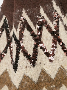 Detailed view of jacquard knit fabric with bronze sequins and silver bead embroidery