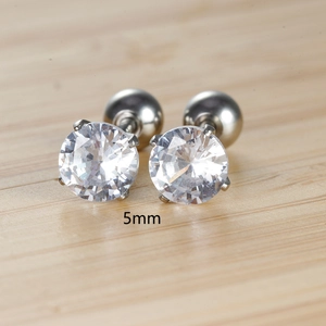 5mm round zircon stud earrings with stainless steel ball back on wood background
