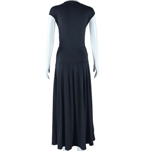 Rear view detail of a black sleeveless maxi dress with flared hem and waist seam
