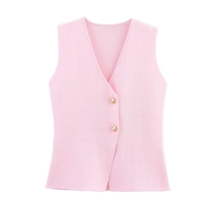 Detail view of pink knit vest featuring V-neck design and elegant golden buttons