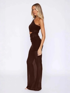 Elegant deep brown one shoulder ruched maxi dress with side cutout and slim silhouette