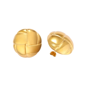Polished gold round earrings with woven grid texture on minimalist white background