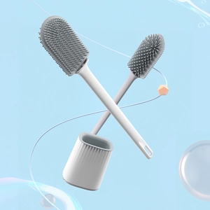 Wall-mounted TPR silicone toilet brush set with holder in clean grey and white
